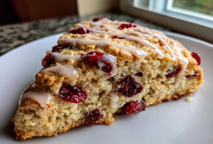 A close-up, triangular slice of a freshly baked cranberry scones topped with white vanilla glaze.
