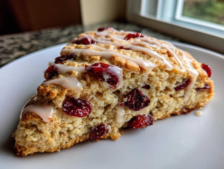 A close-up, triangular slice of a freshly baked cranberry scones topped with white vanilla glaze.