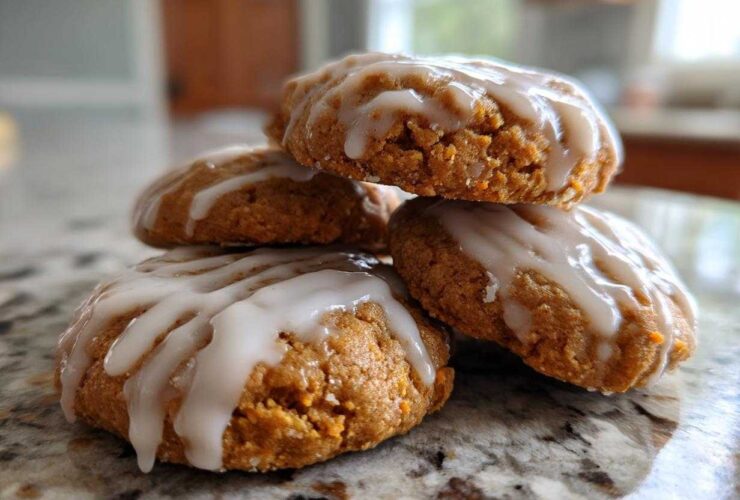 A stack of four soft, spiced persimmon cookies topped with a thick white glaze.