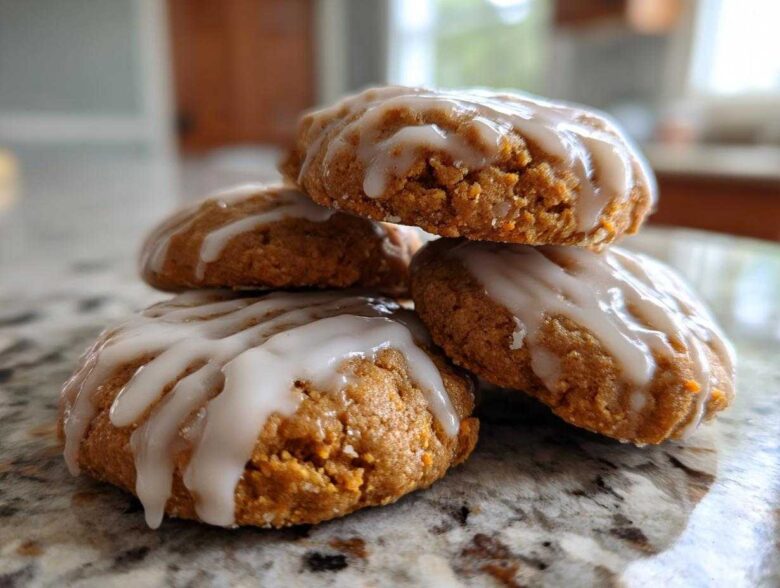 A stack of four soft, spiced persimmon cookies topped with a thick white glaze.