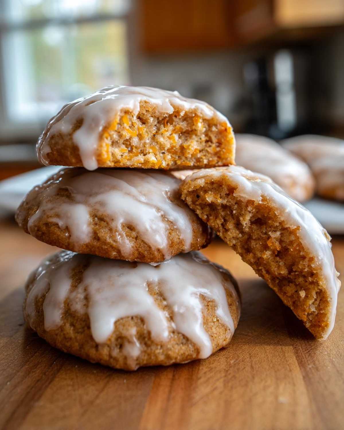 A stack of soft, spiced persimmon cookies topped with a thick white glaze, one cookie is broken open showing the texture.