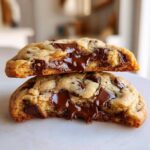 Two halves of a thick chocolate chip cookie stacked, showing molten, gooey chocolate filling.