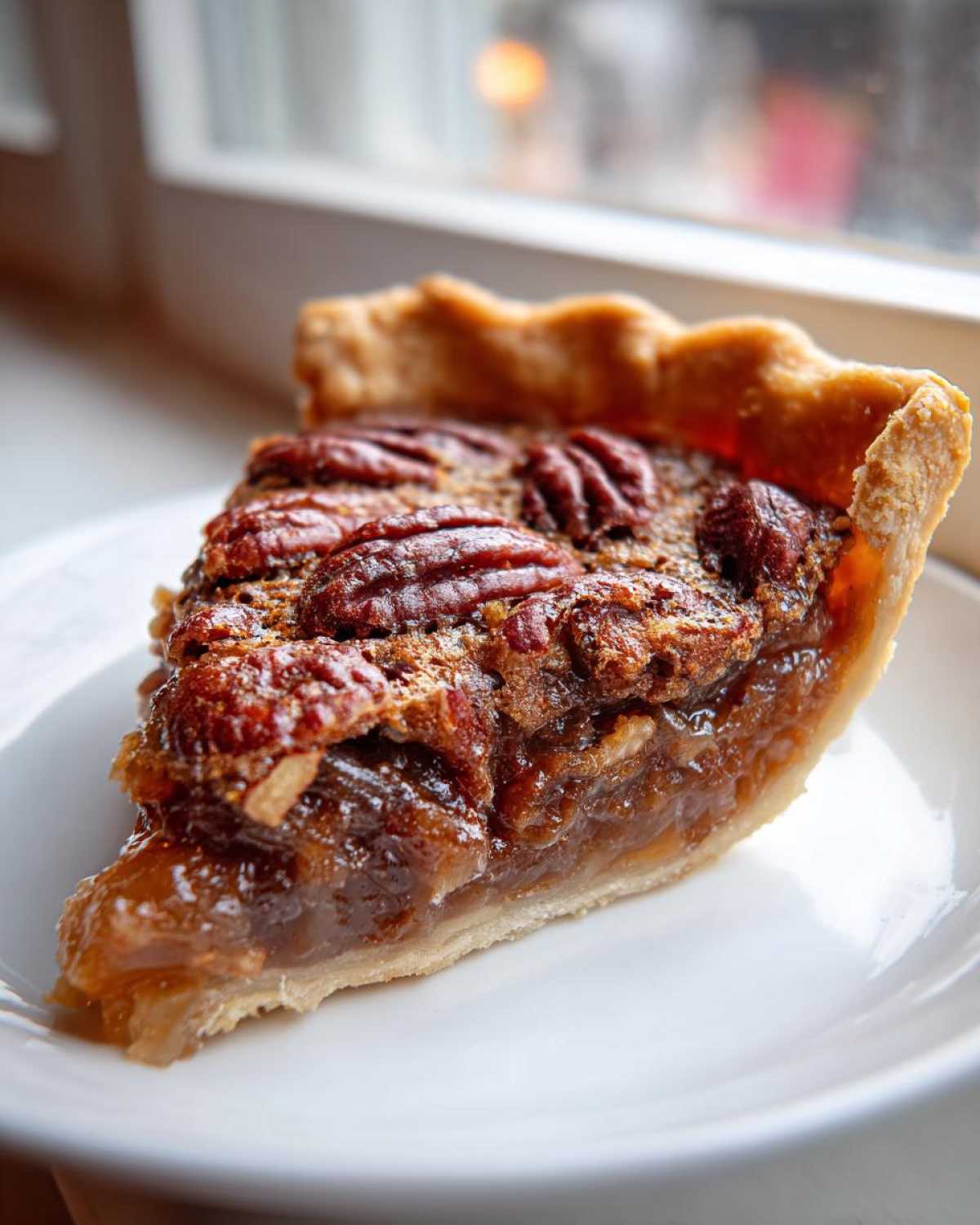 A close-up shot of a gooey slice of pecan pie with a flaky crust, sitting on a white plate near a window.
