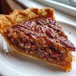 A close-up of a rich, gooey slice of pecan pie showing whole pecans and a golden crust.