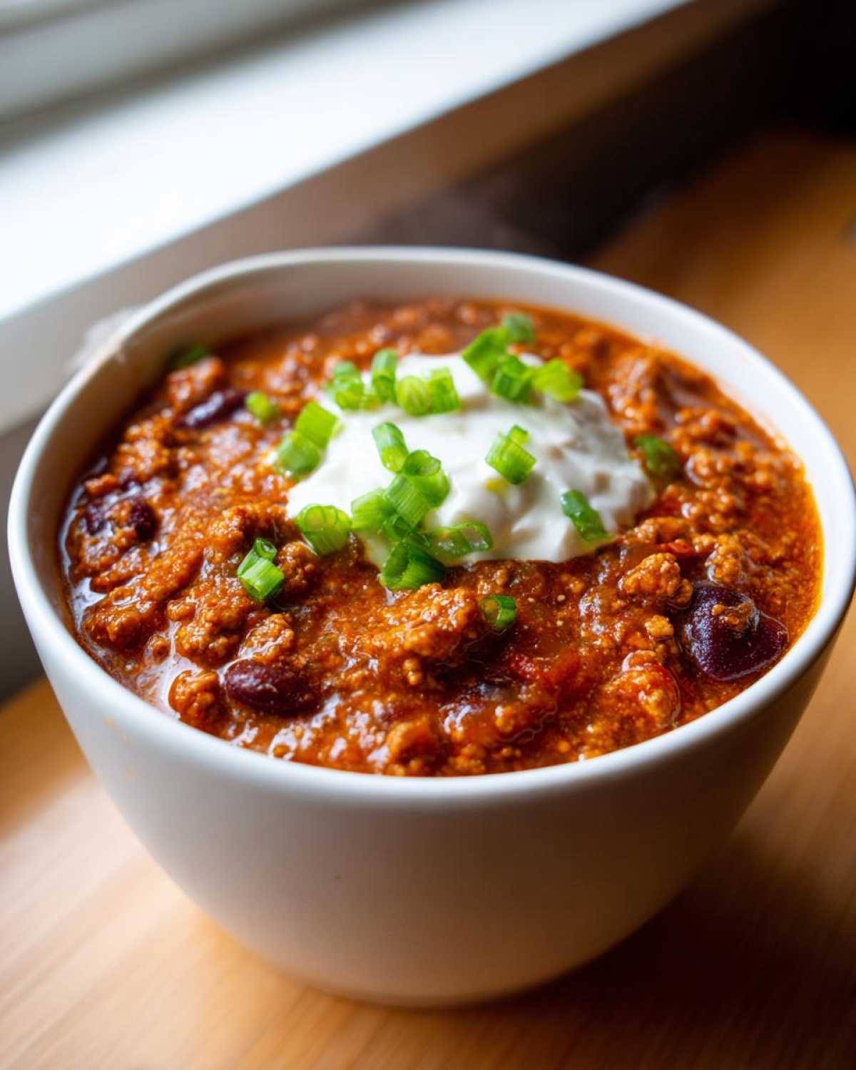 Close-up of a steaming bowl of rich, red pumpkin chili topped with sour cream and chopped green onions.
