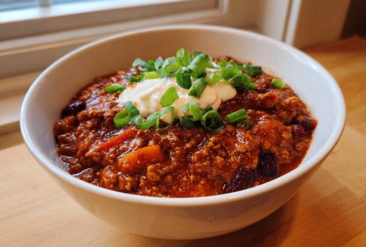 A close-up of a hearty bowl of rich pumpkin chili topped with sour cream and chopped green onions.