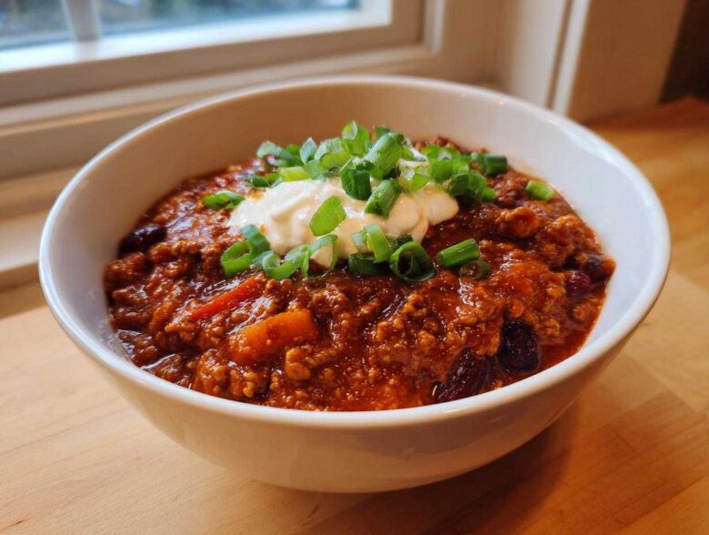 A close-up of a hearty bowl of rich pumpkin chili topped with sour cream and chopped green onions.