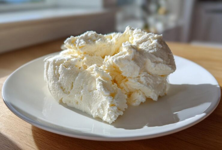 A generous scoop of creamy, pale yellow cottage cheese ice cream served on a white plate.