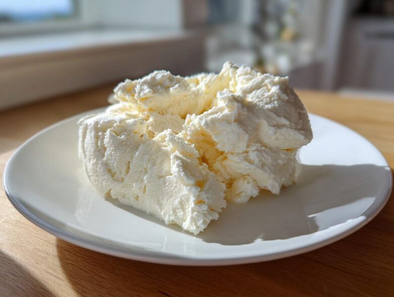 A generous scoop of creamy, pale yellow cottage cheese ice cream served on a white plate.