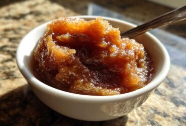 A small white bowl filled with richly colored, spiced homemade applesauce, served with a spoon.