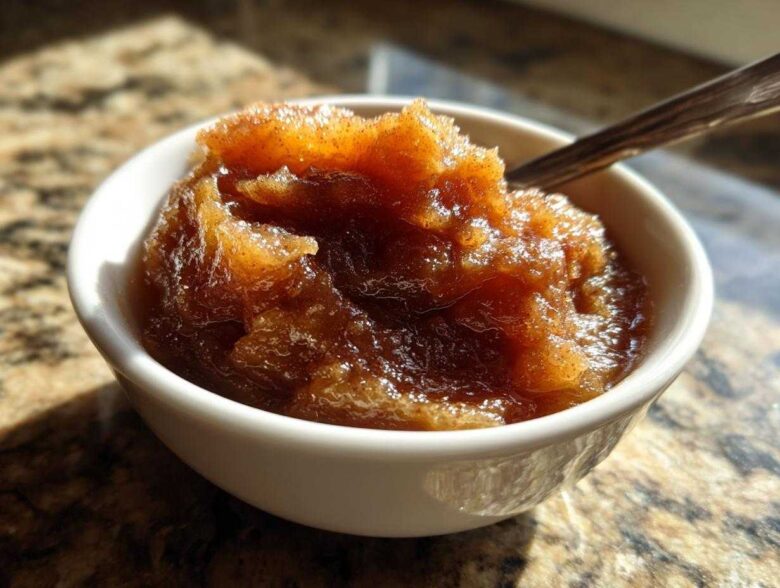 A small white bowl filled with richly colored, spiced homemade applesauce, served with a spoon.