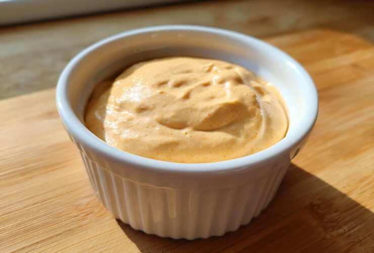Close-up of creamy, orange-tinted big mac sauce served in a small white fluted bowl on a wooden surface.