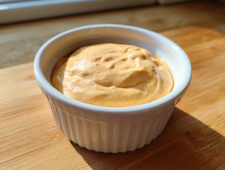 Close-up of creamy, orange-tinted big mac sauce served in a small white fluted bowl on a wooden surface.