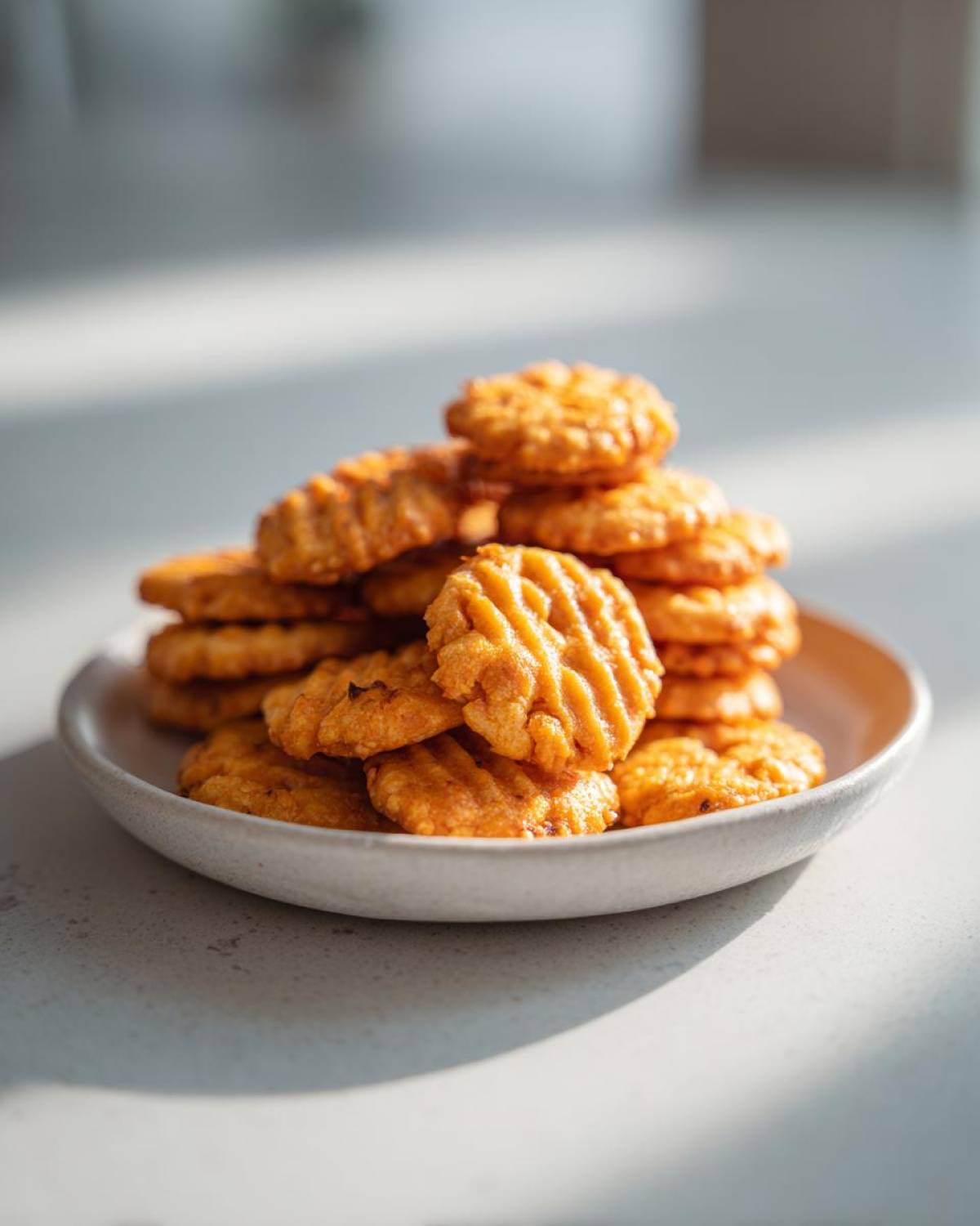 A close-up stack of golden, round, homemade cheese crackers with ridged tops on a light plate.