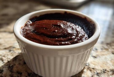 Close-up of rich, dark homemade chocolate pudding served in a white fluted ramekin.