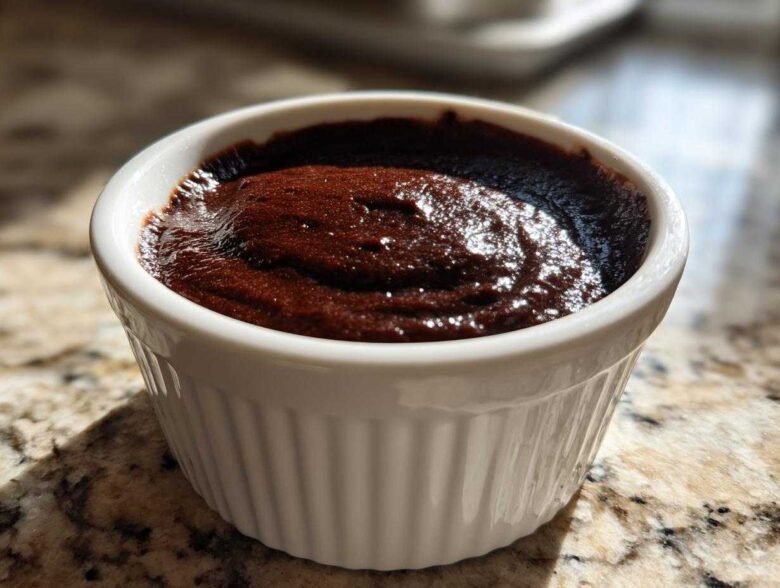 Close-up of rich, dark homemade chocolate pudding served in a white fluted ramekin.