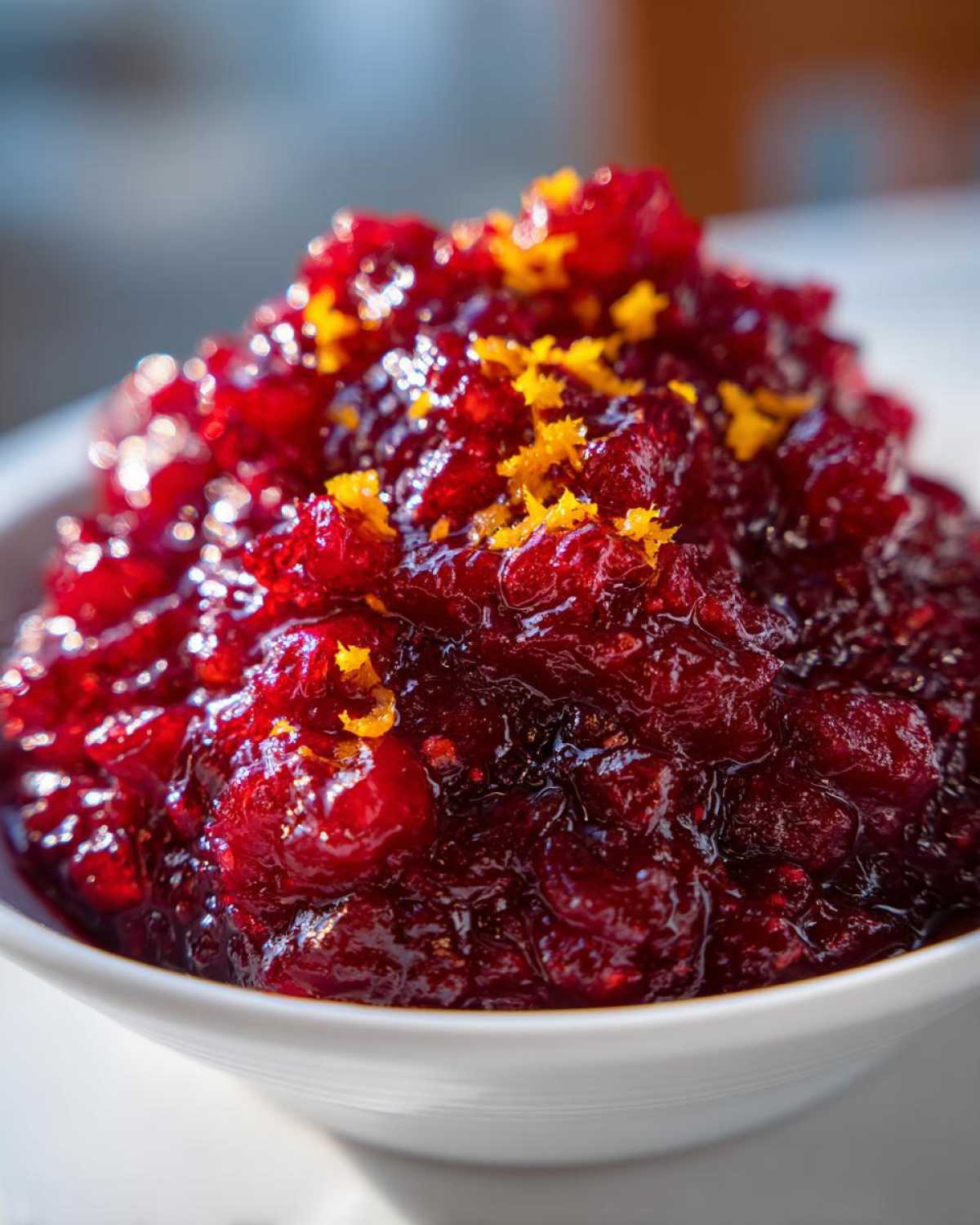 A close-up of glossy, deep red homemade cranberry sauce topped with bright orange zest in a white bowl.
