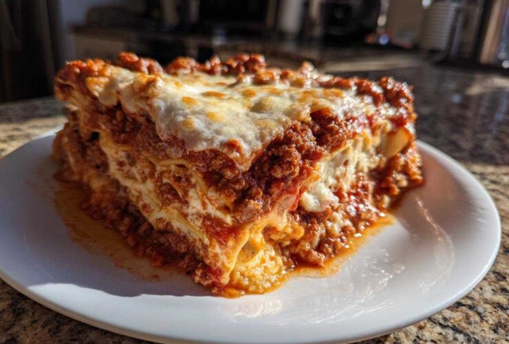 A thick, layered slice of homemade lasagna with rich meat sauce and melted mozzarella cheese on a white plate.