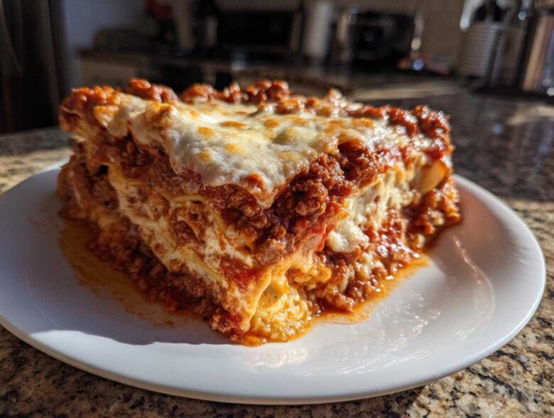 A thick, layered slice of homemade lasagna with rich meat sauce and melted mozzarella cheese on a white plate.