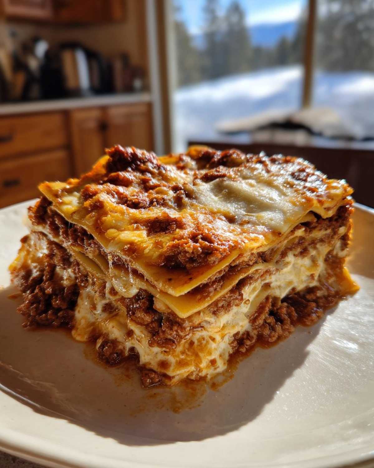 A thick, layered slice of homemade lasagna with rich meat sauce and melted cheese, served on a white plate.