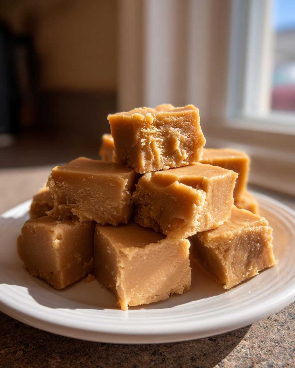A stack of creamy, light brown penuche fudge squares piled high on a white plate, highlighted by natural sunlight.