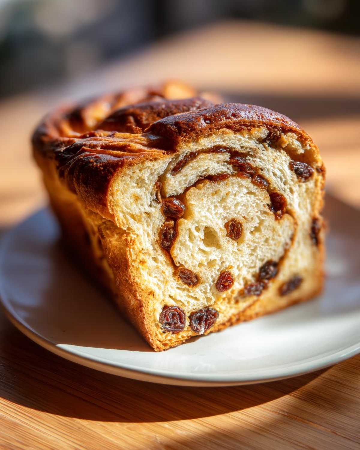 Close-up of a freshly baked loaf of raisin bread, showing the swirl pattern and abundant raisins inside.