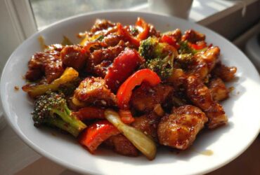 Close-up of glistening honey garlic chicken stir fry with broccoli and red bell peppers served in a white bowl.