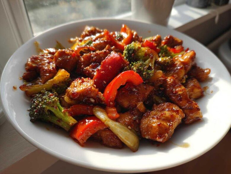 Close-up of glistening honey garlic chicken stir fry with broccoli and red bell peppers served in a white bowl.