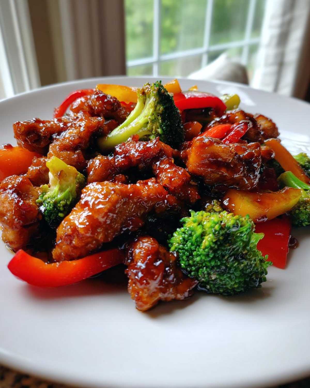Close-up of glossy, saucy honey garlic chicken stir fry mixed with bright green broccoli and red/yellow bell peppers.