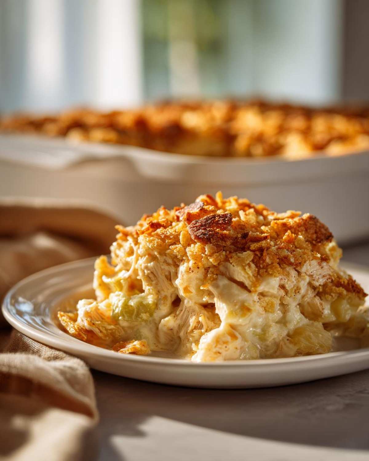 A serving of creamy hot chicken salad bake topped with a golden, crunchy cornflake crust.