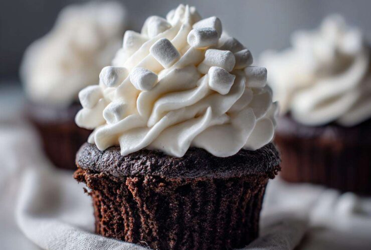 A close-up of a rich, dark chocolate hot chocolate cupcake topped with white frosting and mini marshmallows.