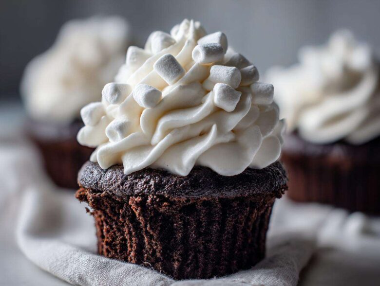 A close-up of a rich, dark chocolate hot chocolate cupcake topped with white frosting and mini marshmallows.