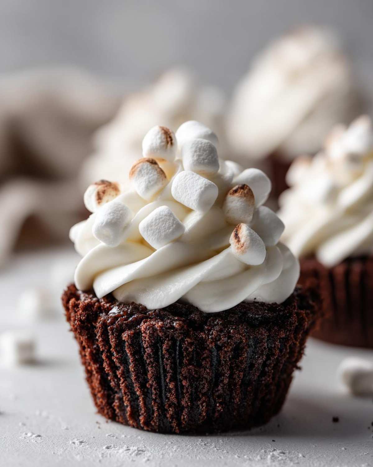 A decadent, dark chocolate hot chocolate cupcake topped with white frosting and toasted mini marshmallows.