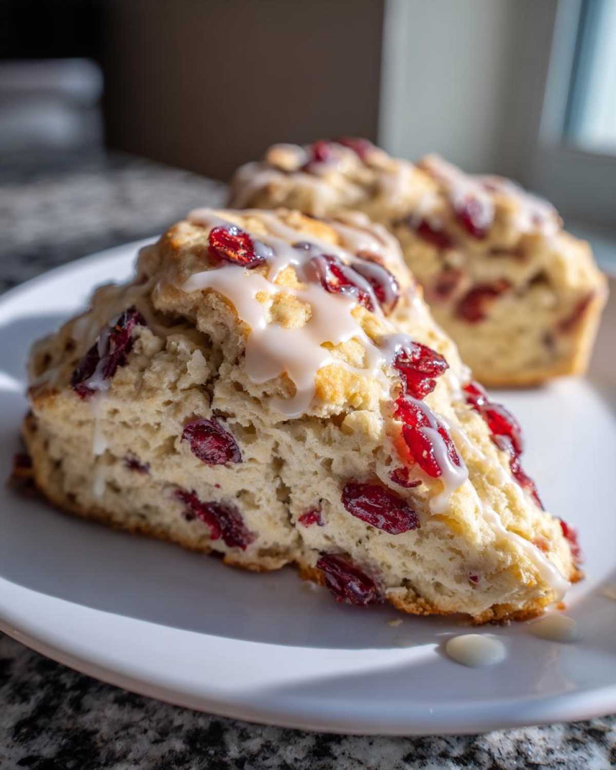 A close-up of a freshly baked, triangular cranberry scone topped with white glaze and studded with dried cranberries.