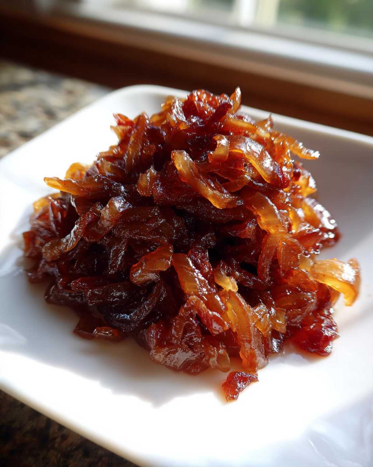 A mound of deep brown, jammy caramelized onions piled high on a white square dish.