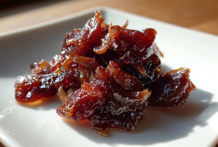 Close-up of a small pile of deep brown, glossy caramelized onions on a white square plate.