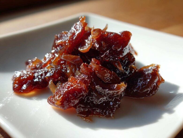 Close-up of a small pile of deep brown, glossy caramelized onions on a white square plate.