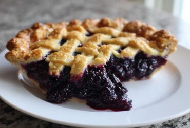A close-up of a slice of juicy blackberry pie featuring a golden lattice crust and rich, dark berry filling.