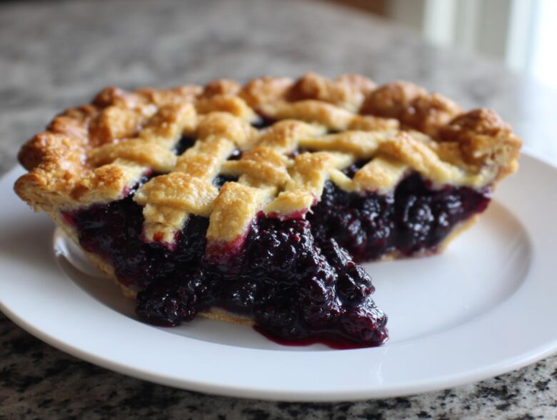 A close-up of a slice of juicy blackberry pie featuring a golden lattice crust and rich, dark berry filling.