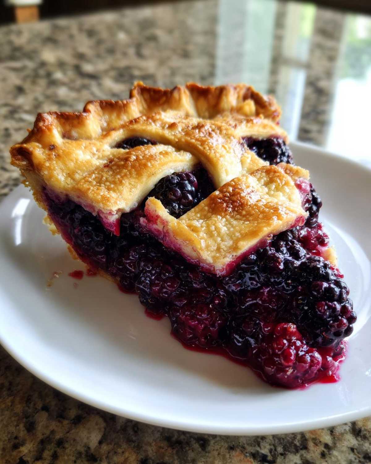 A close-up of a generous slice of homemade blackberry pie showing a juicy filling and golden lattice crust.
