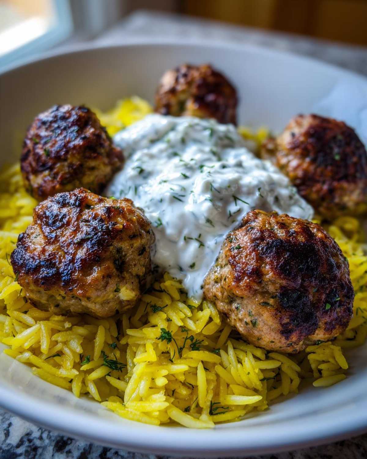 Four perfectly browned greek chicken meatballs served over yellow rice with a dollop of creamy tzatziki sauce.