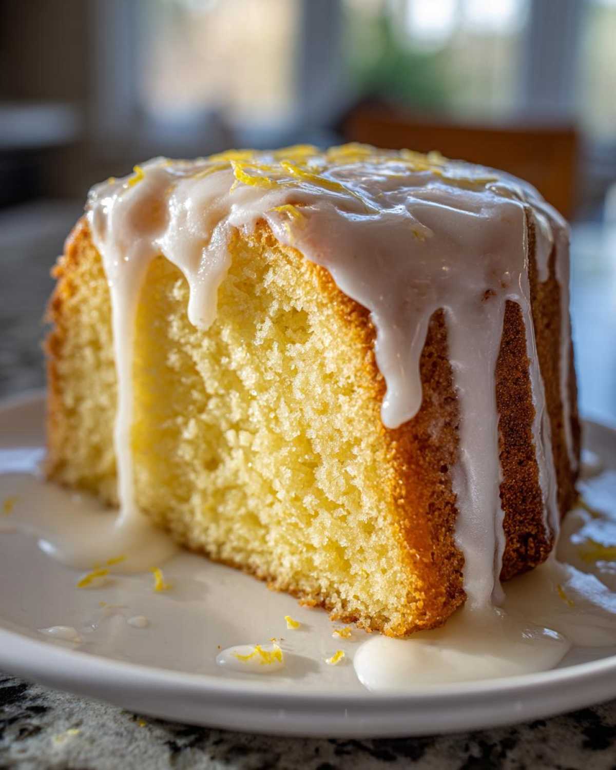 A close-up of a moist slice of lemon pound cake topped with dripping white glaze and lemon zest.
