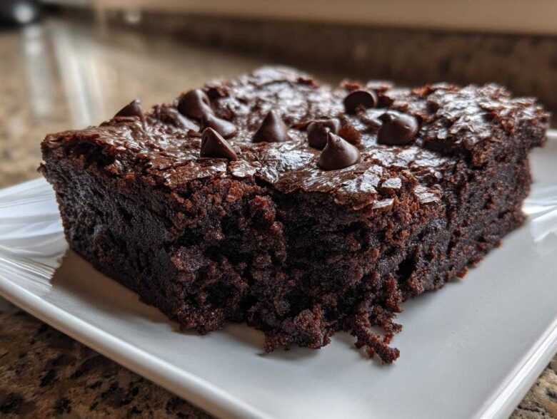 A close-up of a rich, fudgy slice of black bean brownies topped with melted chocolate chips on a white plate.