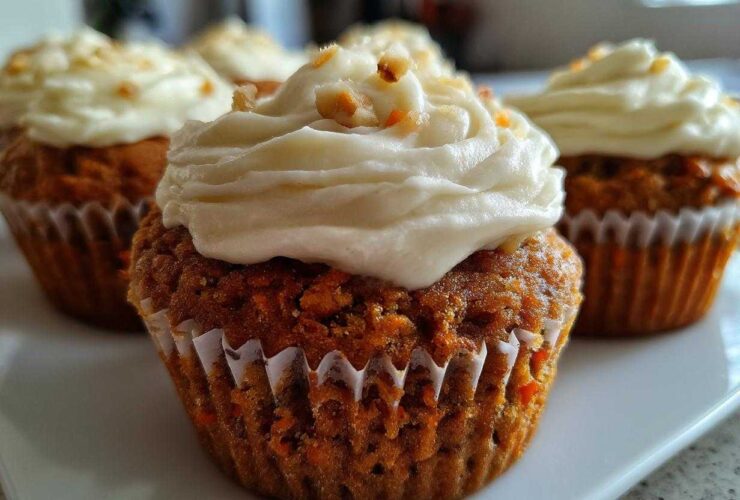 Close-up of moist carrot cake muffins topped with thick cream cheese frosting and chopped nuts.