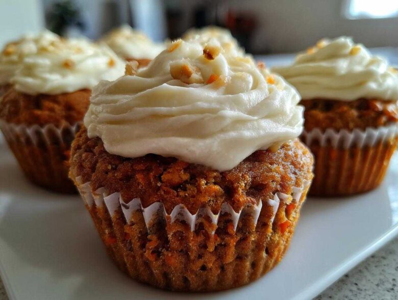 Close-up of moist carrot cake muffins topped with thick cream cheese frosting and chopped nuts.