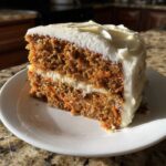 A close-up of a moist slice of carrot cake recipe layered with thick cream cheese frosting.