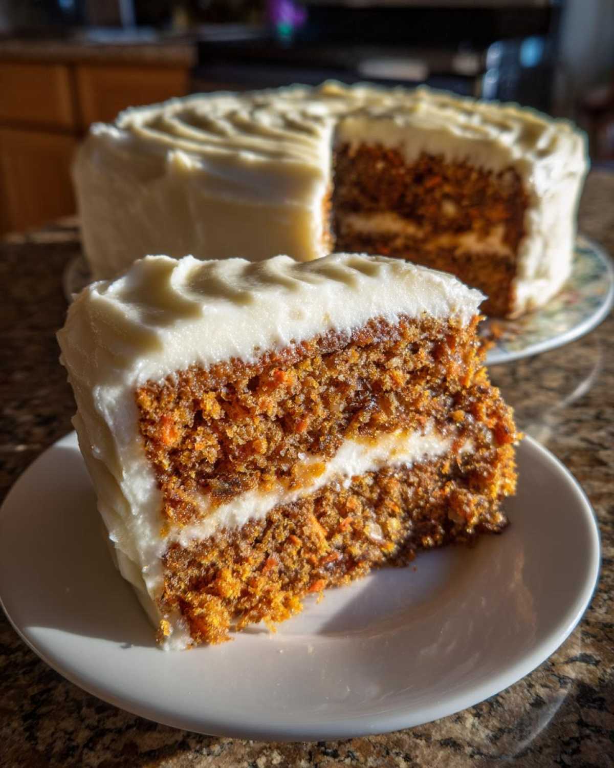 A thick slice of moist carrot cake recipe with cream cheese frosting, served on a white plate with the main cake in the background.