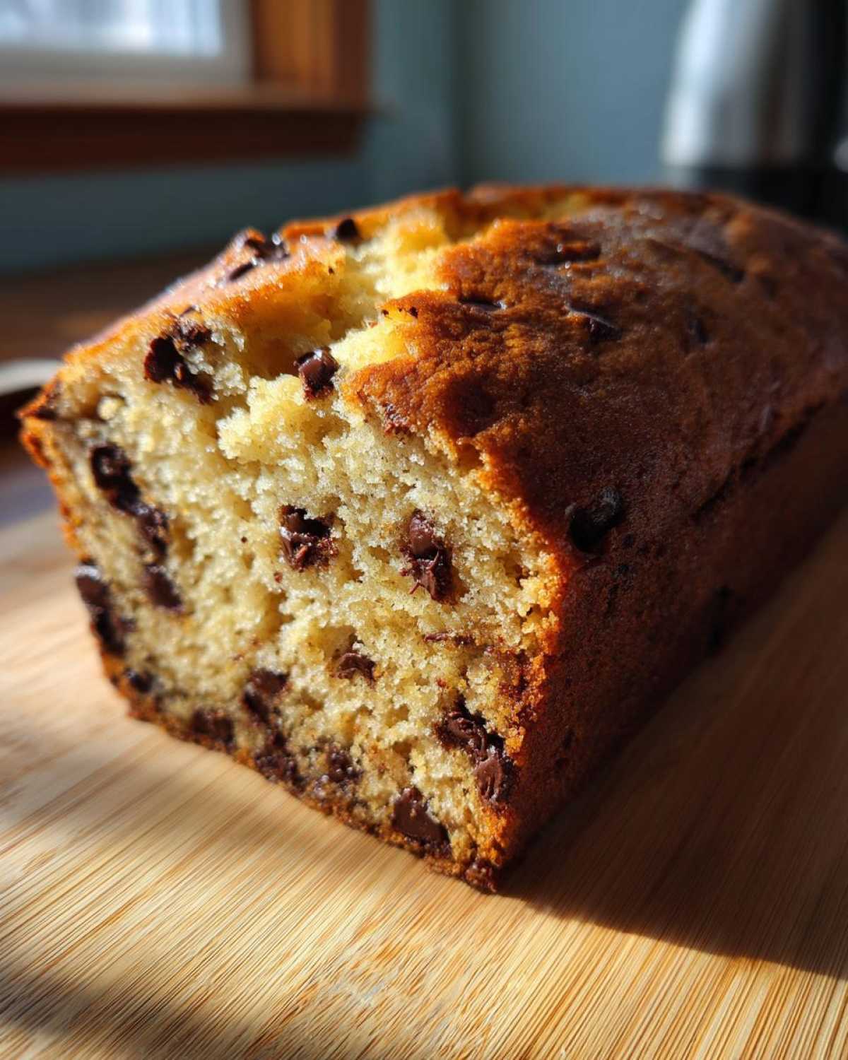Close-up of a moist chocolate chip banana bread recipe loaf with a golden crust resting on a wooden cutting board.
