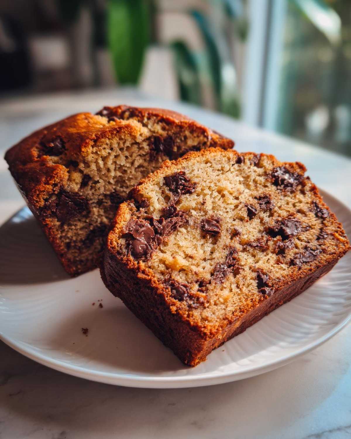 Two thick slices of moist chocolate chip banana bread recipe resting on a white plate.
