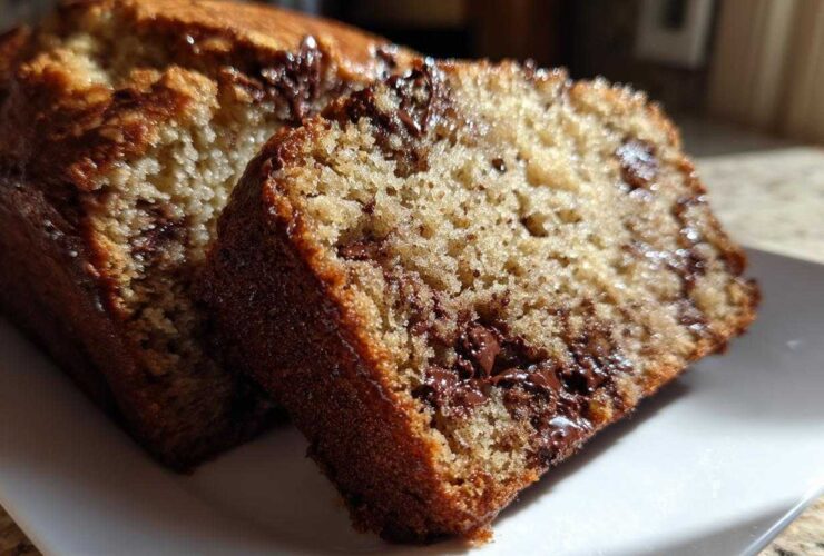 Two slices of moist banana bread recipe featuring melted chocolate chips, served on a white plate.